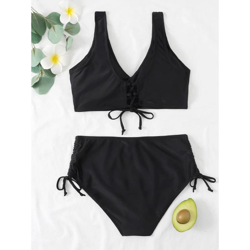 Drawstring High Waist Bikini 2025 Women Solid Swimwear Female Cross Front Swimsuit Padded Beachwear Bather Bathing Swimming Suit
