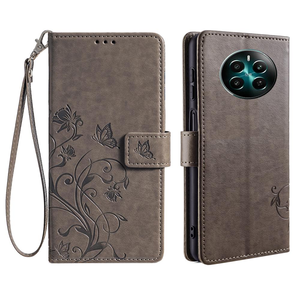 Чехол-книжка из кожи с магнитной застежкой и рисунком «Цветок и бабочка» для Realme 12 4G/12+ 5G