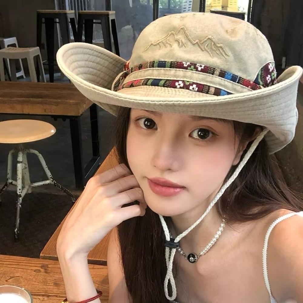 Wide Brim Cowboy Bucket Hat Sun Protection Hiking Hat Retro Sunshade Hat
