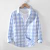 913 S/S Fresh Plaid Long Sleeve Shirt - Men's Casual Loose Fit Square Collar