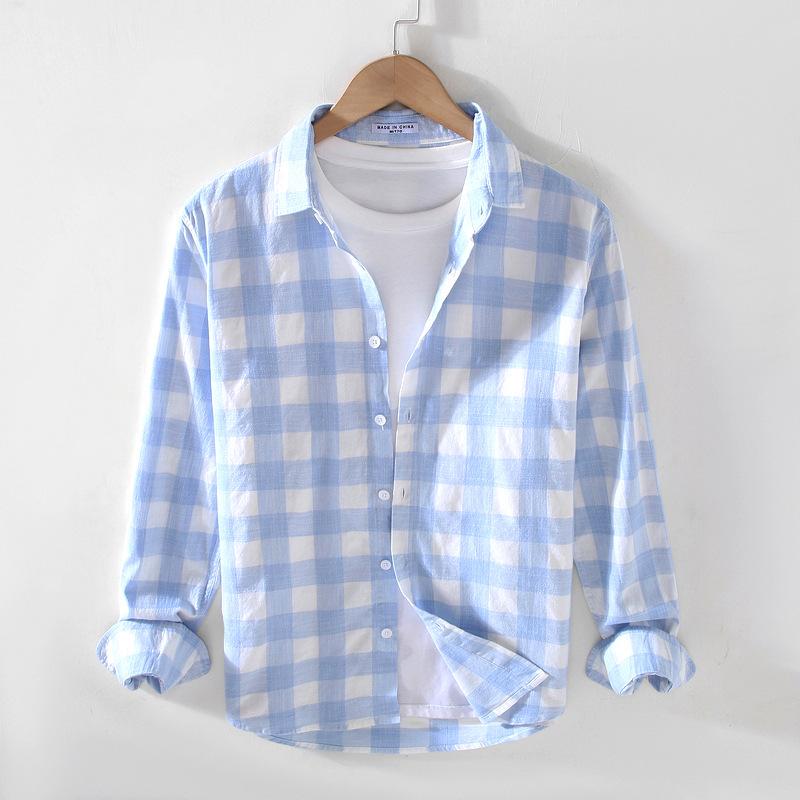913 S/S Fresh Plaid Long Sleeve Shirt - Men's Casual Loose Fit Square Collar