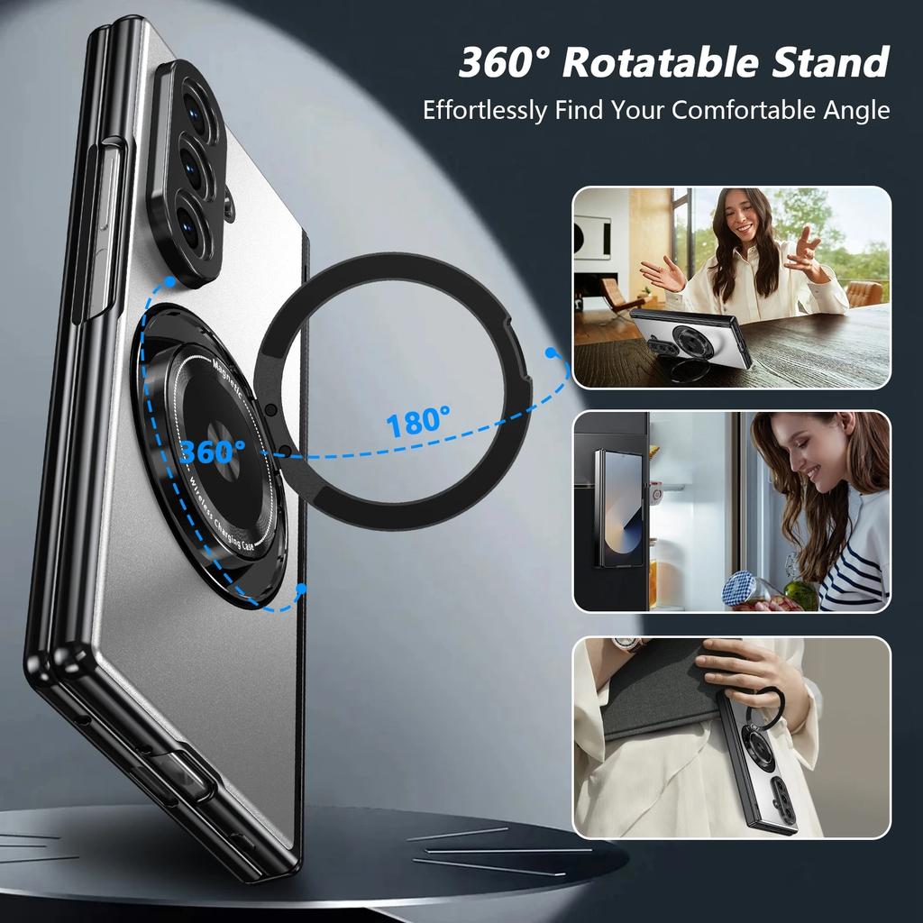 360°Alloy Magnetic Holder Hinged Phone Case For Samsung Galaxy Z Fold 7 6 5 4 3 Magsafe Wireless Charger Camera Shockproof Cover