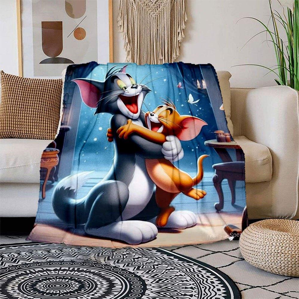 "Tom & Jerry Hug: Classic Cartoon Art Print"Blanket Flannel Throw Blanket for Sofa, Bed, Travel, Camping, Office