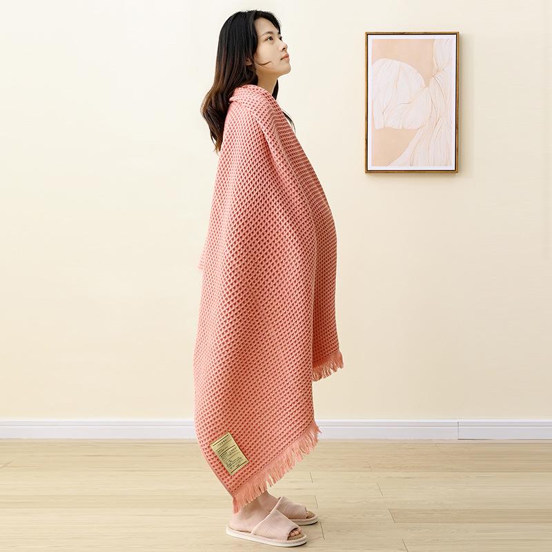 Lusu Pure Cotton Tassel Bath Towel Shawl for Home - Unisex Waffle-Texture Wrap or Nap Blanket