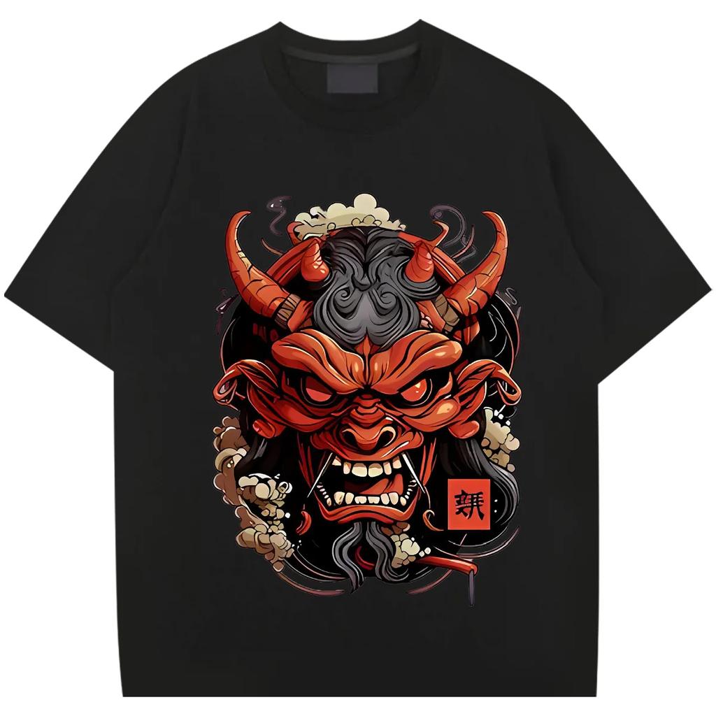Japanese Samurai Mask Tee Oversized Milk Fiber T-shirt Retro Men Tops  Shirt Streetwear Loose Tshirt