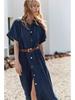 2025 Cotton French Retro Slimming Denim Shirt Dress – High-End Waist-Cinching Long Dress for Women, Autumn Collection
