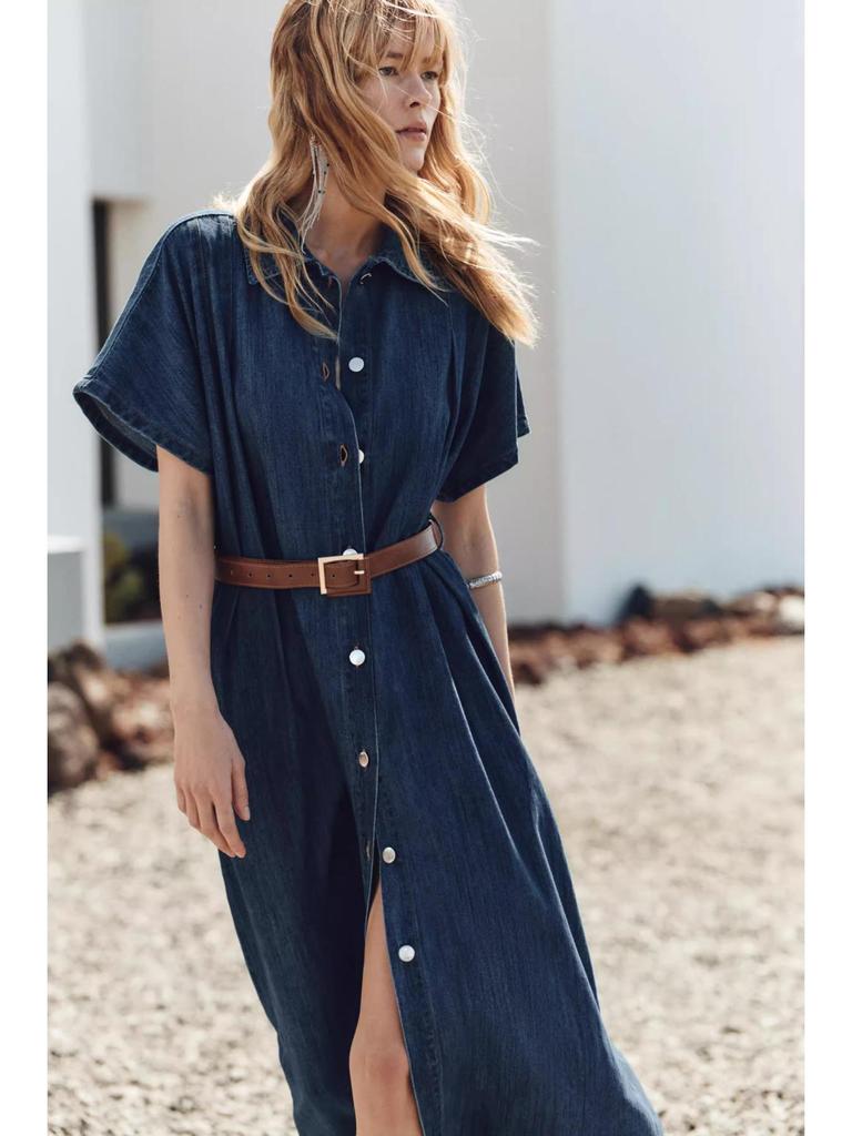2025 Cotton French Retro Slimming Denim Shirt Dress – High-End Waist-Cinching Long Dress for Women, Autumn Collection
