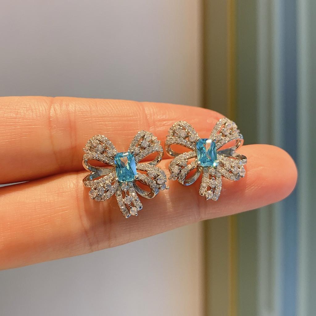 Sea Blue Diamond Bow Bone Chain Necklace Women, Blue Simple Stud Earrings Ring Jewelry Set