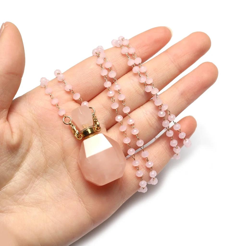 Natural Stone Perfume Bottle Pendant Necklace, Rose Quartz Amethyst Essential Oil Diffuser Pendant, Pearl Beaded Necklace