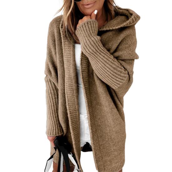 Женский свитер, пальто с капюшоном, длинный рукав, ребристые манжеты, открытая передняя часть, вязаное пальто, однотонный свитер средней длины, кардиган