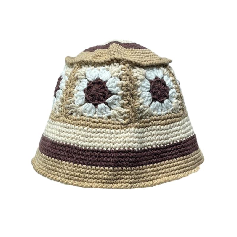 Sweet Girl Crochet Bucket Hat Cute Ladies Fisherman Cap with Flower Pattern Woman Teenagers Casual Summer Sunproof Hat