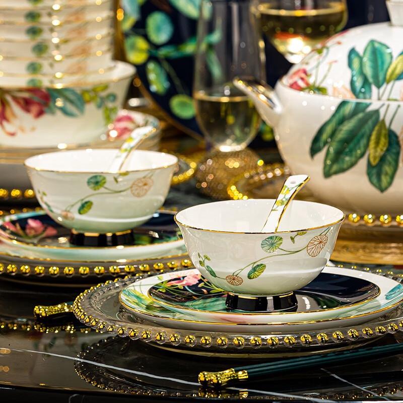Jingdezhen Lingshi 60-Piece Tropical Rainforest Bone China Dinnerware Set
