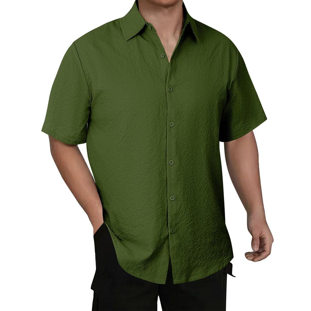 Men's Solid Color Ice Silk Fabric Loose Fit Casual Short Sleeve Shirt with Turn Down Collar Button Front Design