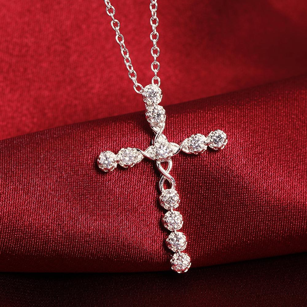 925 Sterling Silver Cross Zircon Pendant Necklace Wedding Fashion Jewelry