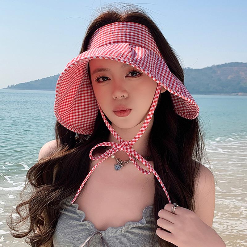 Летняя клетчатая шляпа от солнца, складная, с широкими полями, с пустым верхом, пляжная шляпа, дышащая, с защитой от ультрафиолета, для женщин, солнцезащитный козырек