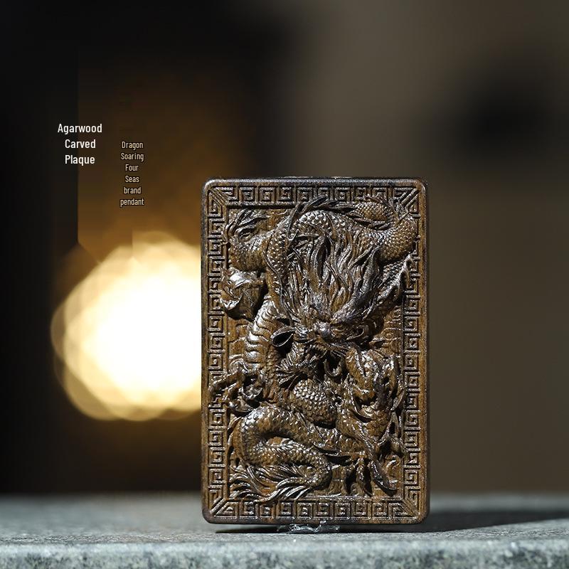 Bodhisattva Chess Agarwood Wood Carving: Dragon Soaring Pendant - Chinese Style Handheld Wooden Necklace.