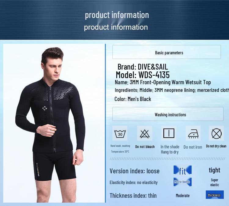 Мужской неопреновый гидрокостюм для дайвинга с длинным рукавом 3 мм, защищающий от холода, с передней молнией