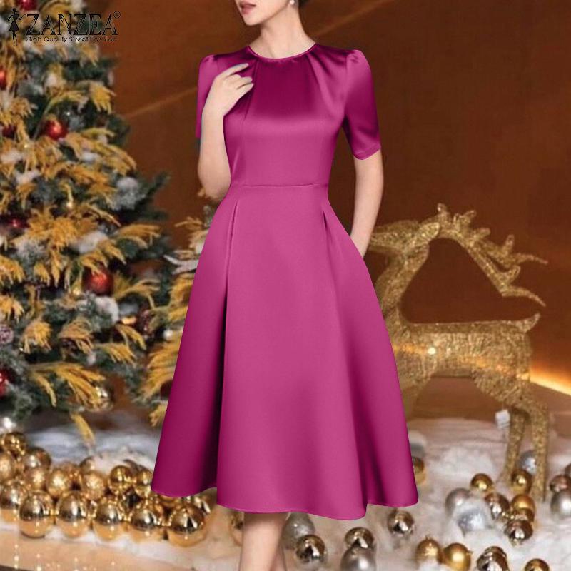 ZANZEA Женское повседневное летнее платье А-силуэта с круглым вырезом и коротким рукавом