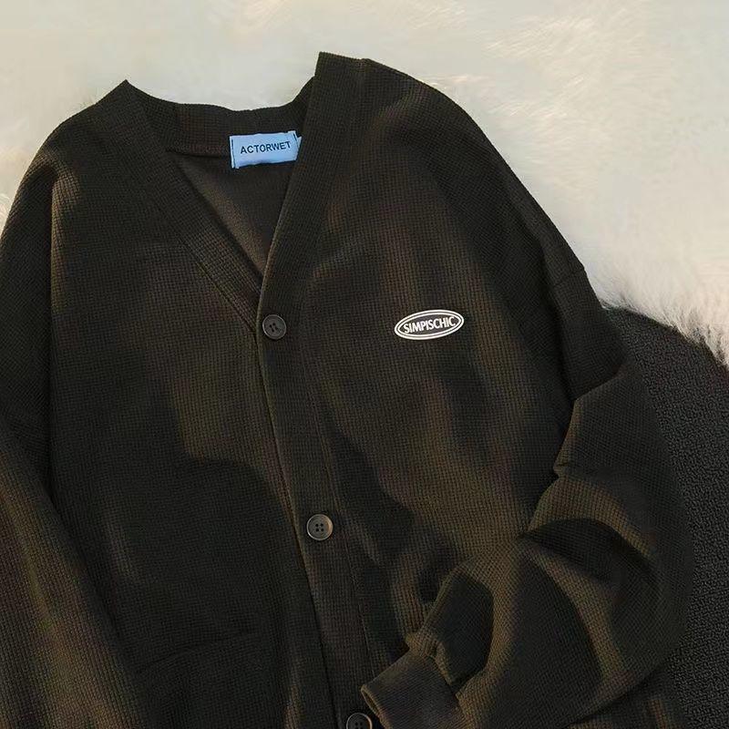 Женский кардиган с V-образным вырезом и длинным рукавом, свободный, ленивый стиль, вафельная вязка, повседневная толстовка-куртка