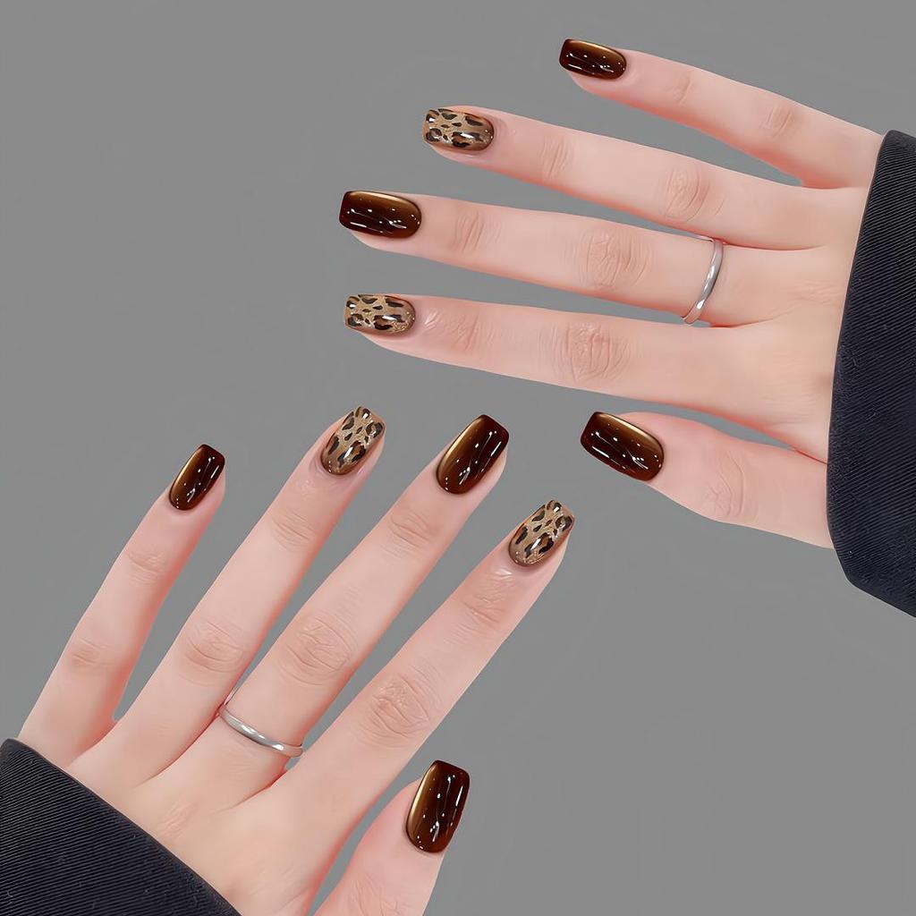 Накладные ногти «Кошачий глаз» с леопардовым принтом - Высококлассные ретро наклейки для нейл-арта