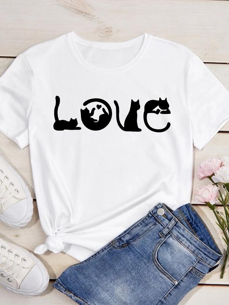 O Neck Tshirt Comfortable Cute Love Heart Cat Print Casual Short Sleeve Top Summer Women's Clothing Cartoon Streetwear