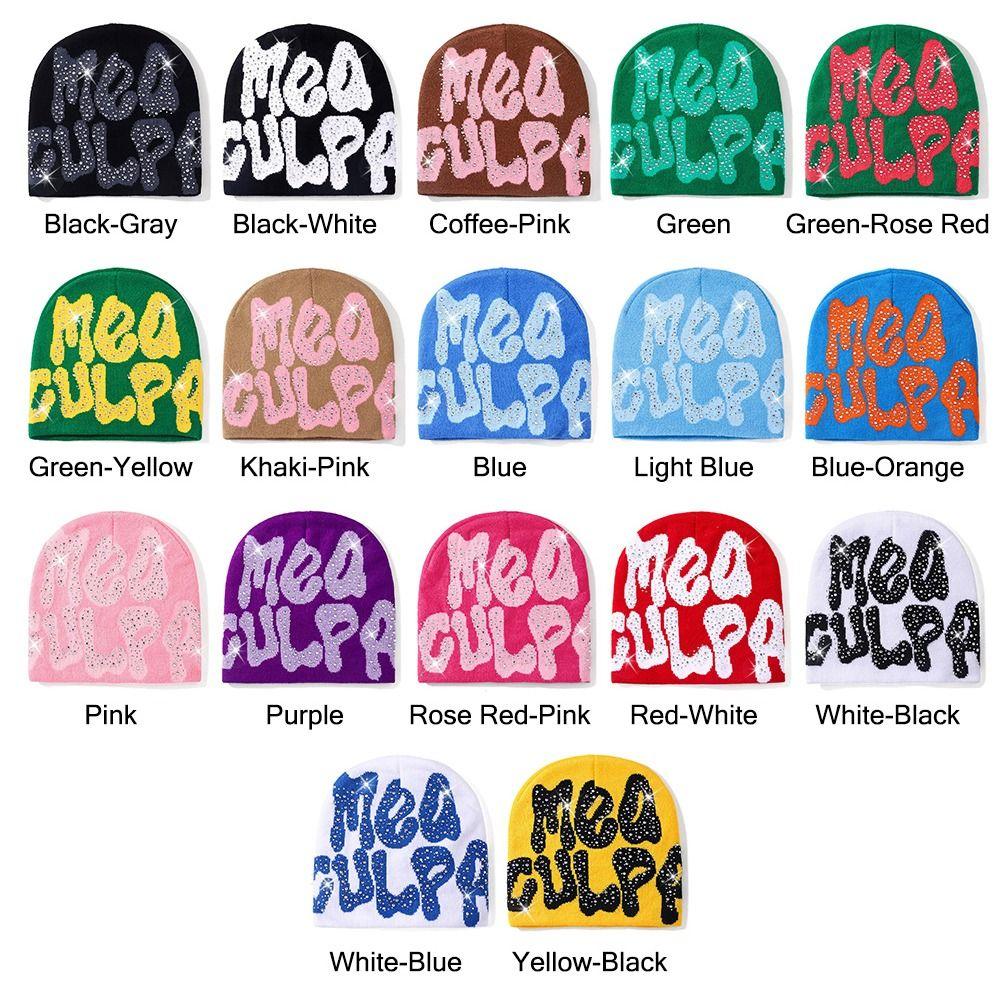 Trendy Stretch MEA Culpa Beanies Hat with Rhinestone Warm Soft y2k Beanies Hats Knitted Hip-hop Hat for Women Men
