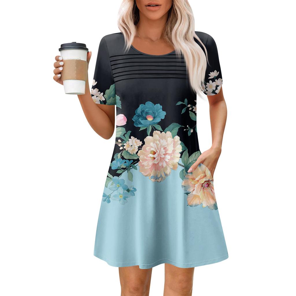 Женские летние повседневные платья с круглым вырезом, плиссированные, с карманами, с принтом, с коротким рукавом