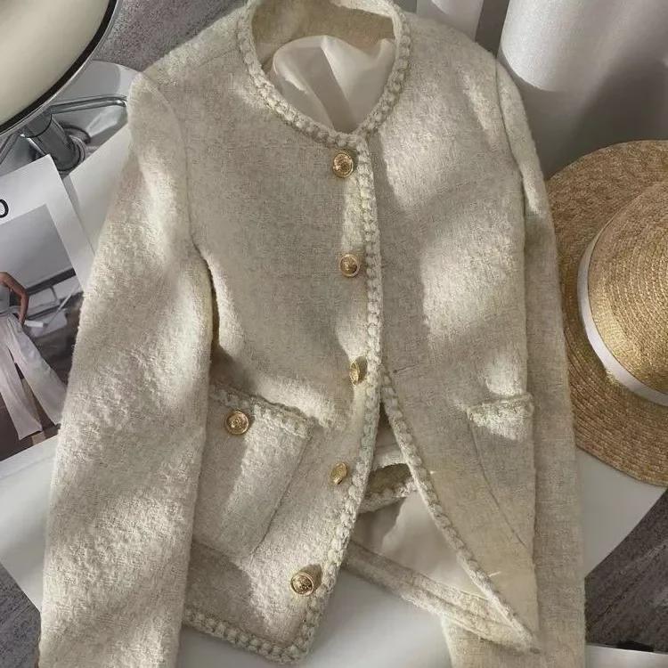2024 Spring/Autumn Off-White Korean Style Short Tweed Jacket for Women