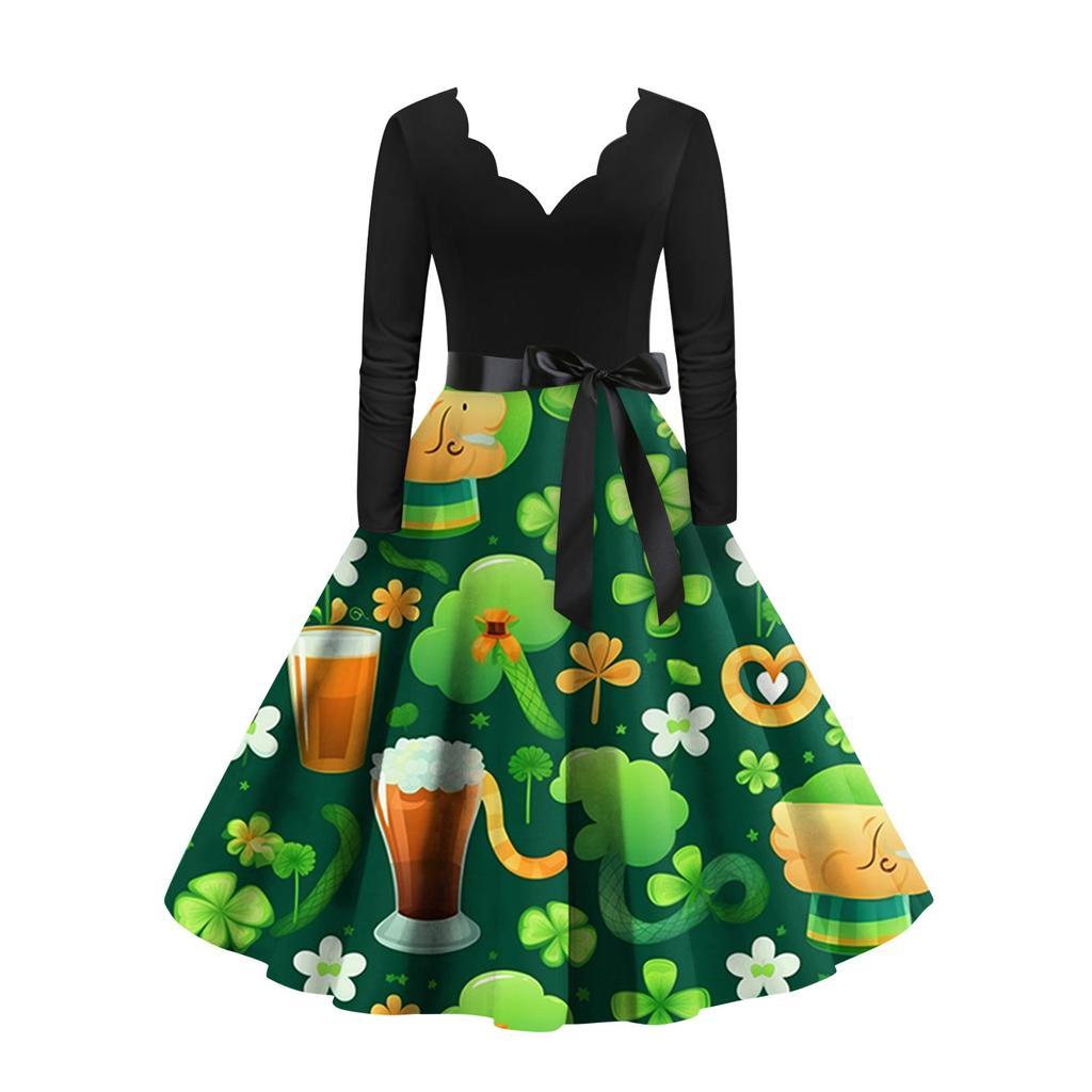 Women's Vintage Classic Dress Long Sleeve St. Patrick's Day Print V-neck Swing Dress