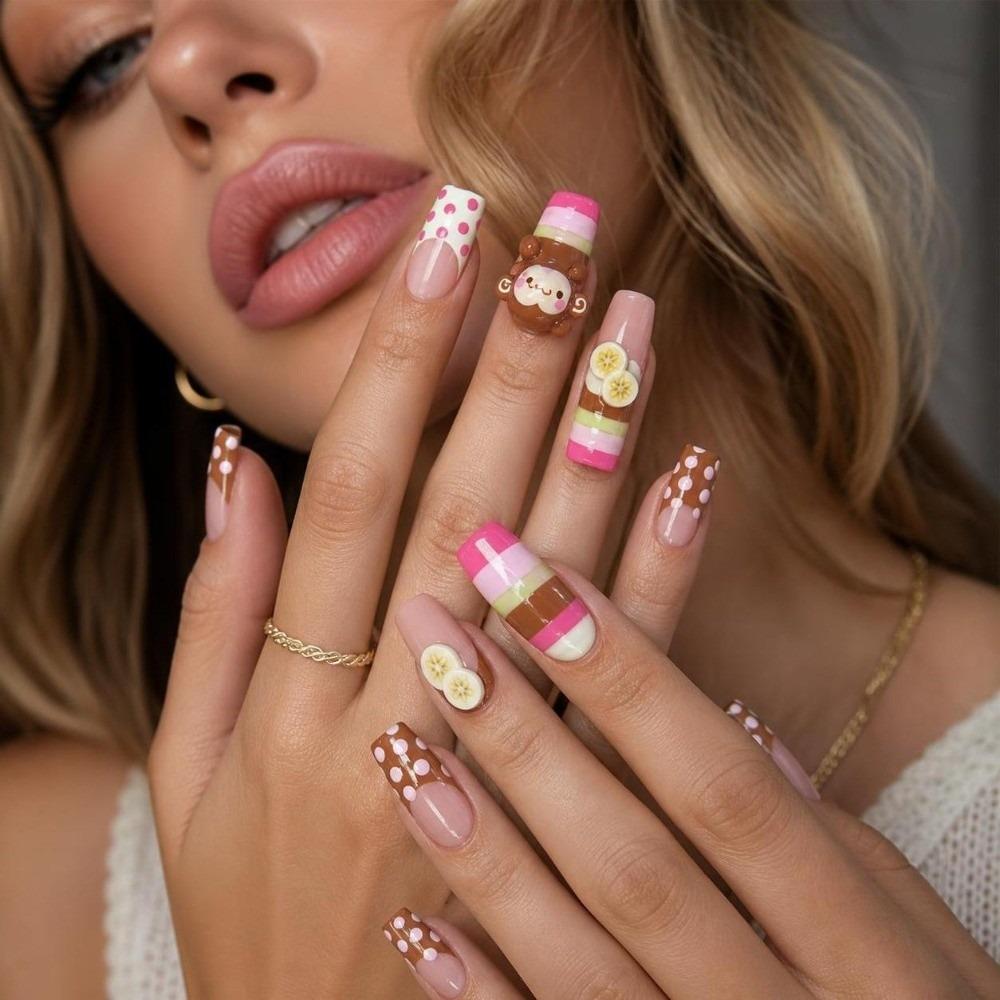 24pcs Y2K Fake Nails Monkey Banana Chips Decor French Nails New Press On Nails Girls