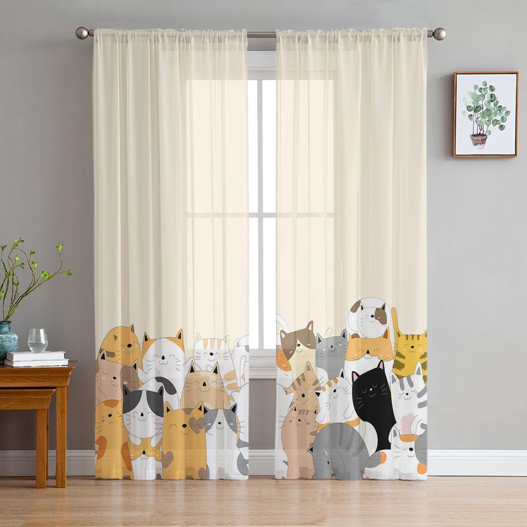 Cartoon Animal Cat Sheer Voile Curtains for Living Room Bedroom Printed Tulle Window Curtain Luxury Home Balcony Decor Drapes