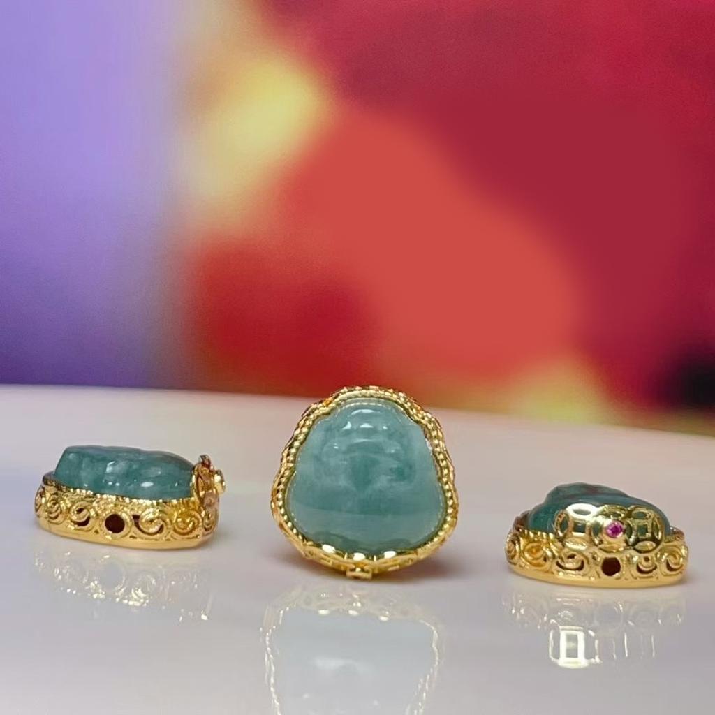 5Pcs, Natural Stone Bluewater Jadeite Pendant with Golden-Edged Accents, Fashion Pi Xiu Charms for Men Women, for DIY Necklace, Jewelry Making 12x12mm