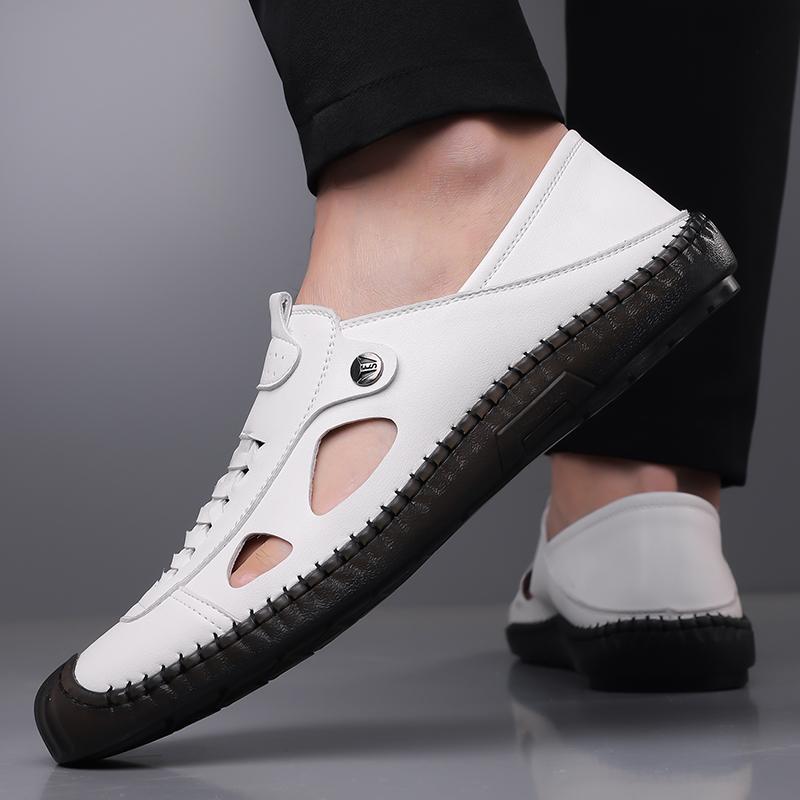Fashion Breathable Handmade Hollow Out Leather Men Loafers Shoes Slip On Leather Outdoor Men Flats Sandals Daily Commute Casual Sandals