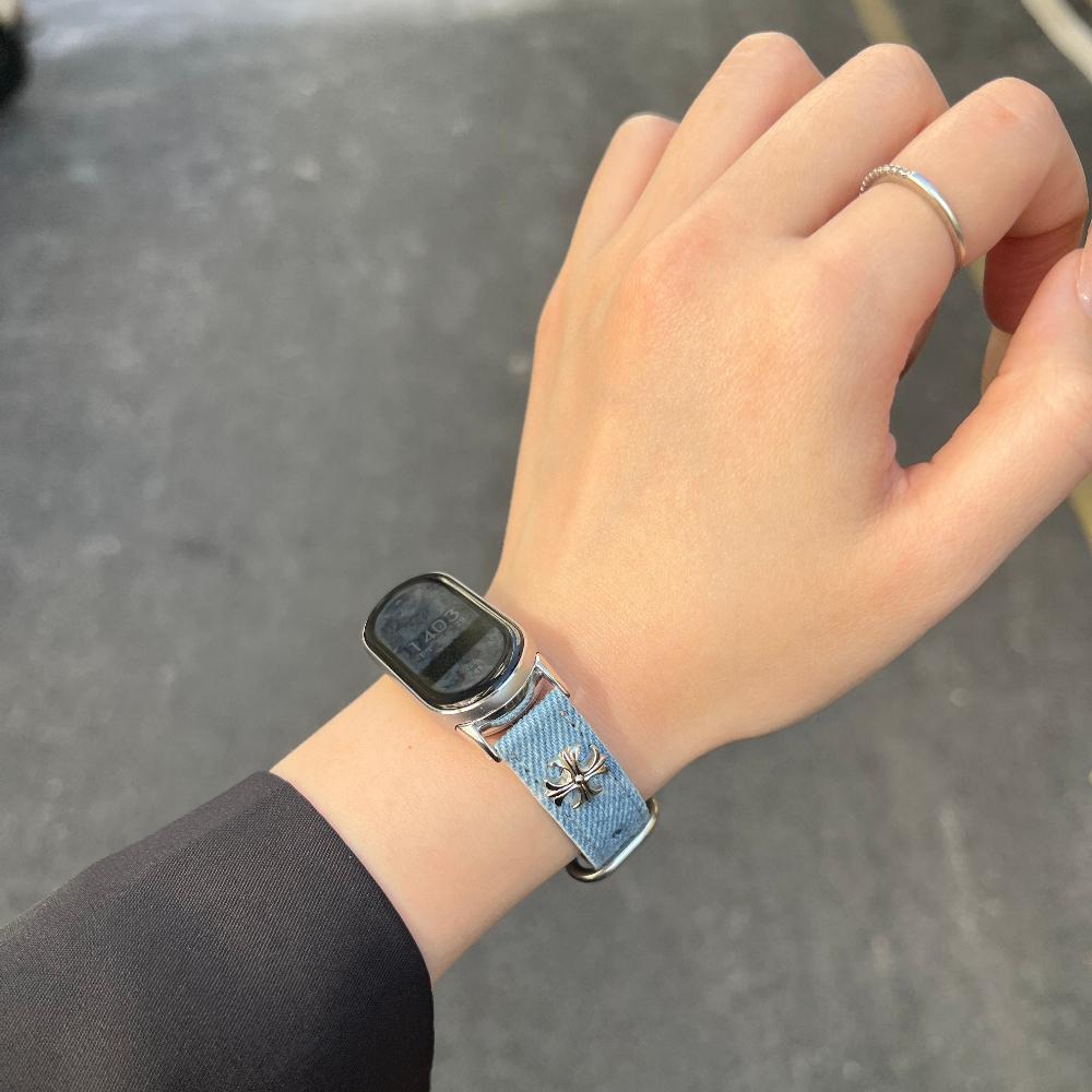 Для Xiaomi Smart Band 10 Модный женский холщовый + кожаный ремешок для часов Cowboy Cross-dye denim, совместимый с Xiaomi Mi Band 10/9/8