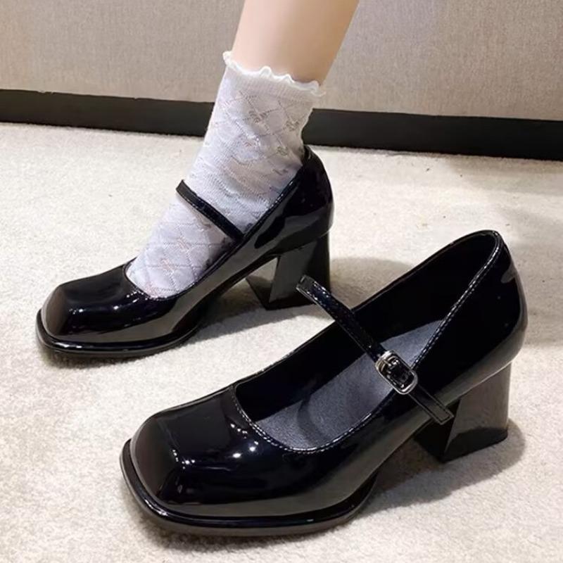 Туфли женские 2024 Mary Janes женские туфли на высоком каблуке брендовые туфли-лодочки женские квадратные с ремешком и пряжкой неглубокие толстые каблуки женские