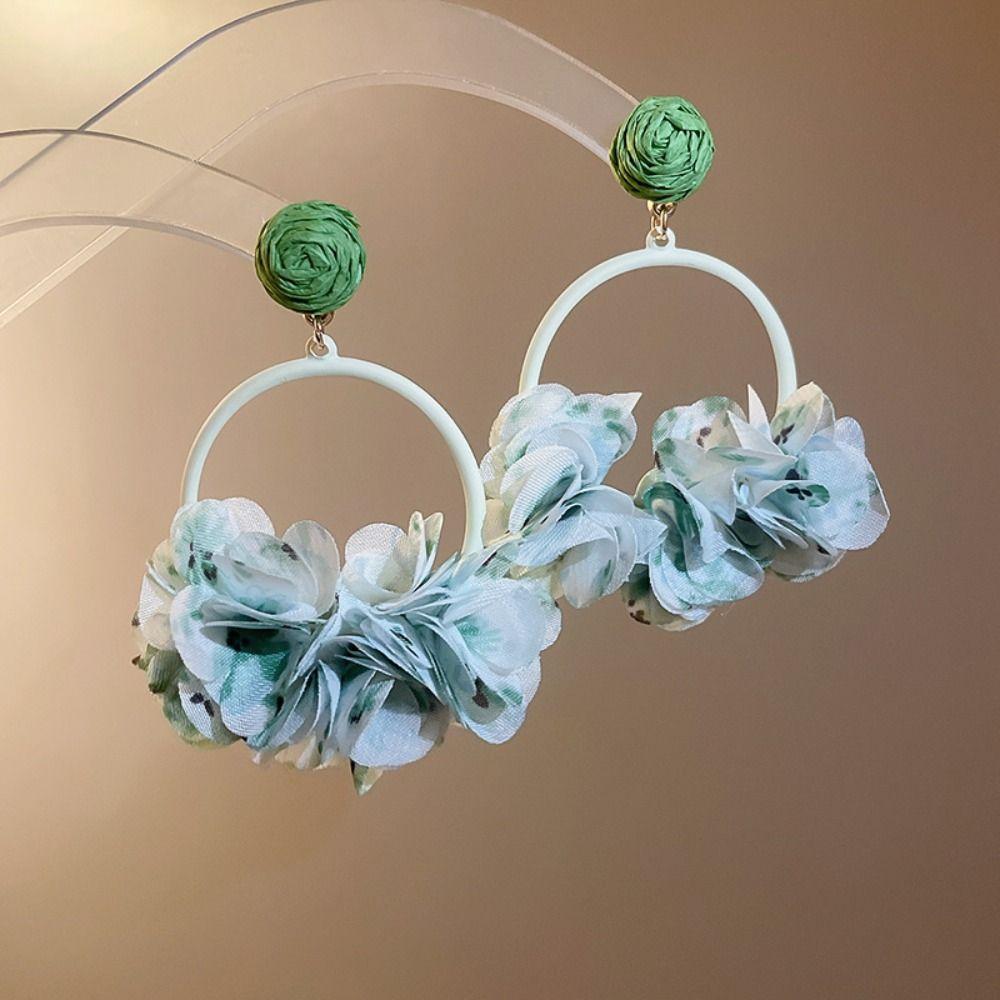Colorful Fabric Flower Eardrop Sweet Exaggerated Earrings Fashion Mesh Flower Earrings Women