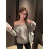 Gray Angled Off-shoulder Brushed Thickened Long-sleeved Women's Bottoming Shirt for Autumn and Winter with a Loose and Slim One-line Top