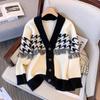 Retro Hong Kong Houndstooth Casual Cardigan Short Coat Women Knitted Autumn Winter Versatile 2023 Mid Length Sweater Female Top
