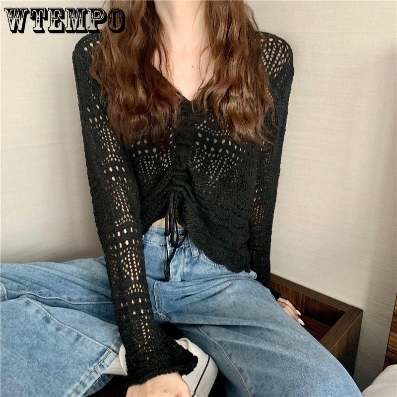 Женские вязаные топы в корейском стиле, весна-лето, свободные плиссированные короткие топы ярких цветов с v-образным вырезом и завязками