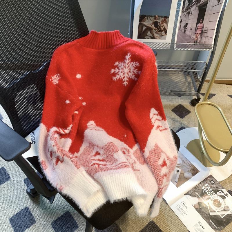 Winter New Cute Print Loose Christmas Pullovers Sweater Women Tops O Neck Long Sleeve Vintage Knitted Sweater Woman Casual Fashion Lady Jumpers 25513