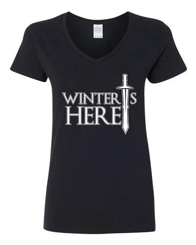 V-Neck Ladies Winter Is Here Sword TV Parody Funny DT T-Shirt Tee Unisex T-Shirt