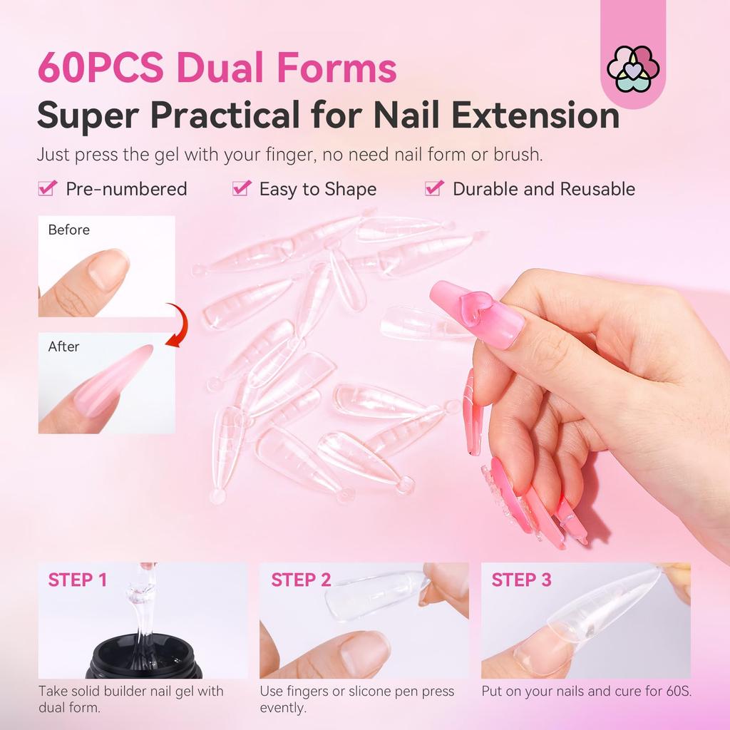 Saviland Builder Gel Lengthening Solid Builder Nail Gel Kit 3 Colors No Wipe Gel Builder with UV Lamp Chrome Powder Nail Sequins Complete 3D Sculpture