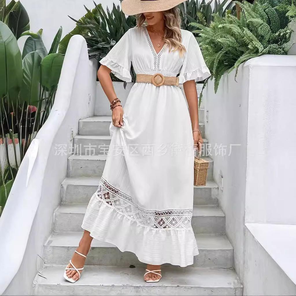 Белое Длинное Платье Женские Платья А-силуэта Vestidos V-образный вырез Короткий рукав Элегантное Сшитое Y2k Темперамент Высокая талия Однотонное Летнее