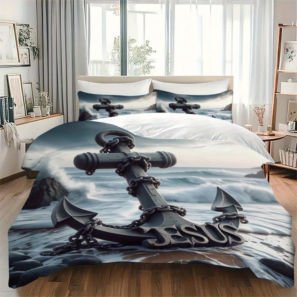 3 шт. Креативный узор с якорем Иисуса, Постельное белье, Цифровой комплект одеяла, Износостойкий полиэстер, Включает 1 комплект пододеяльника