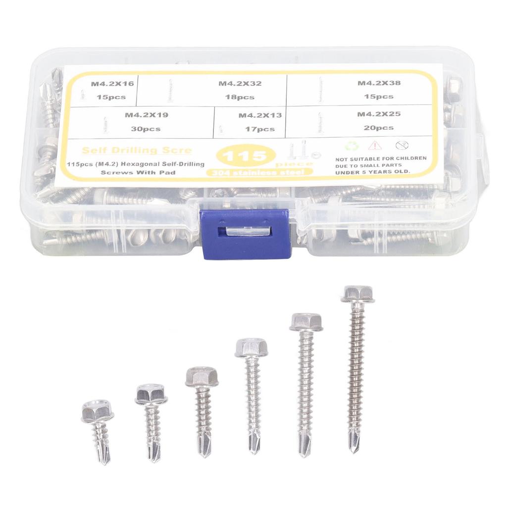 115 шт. Шестигранный самосверлящий винт M4.2 из нержавеющей стали 304 высокой твердости с шайбой для гаража