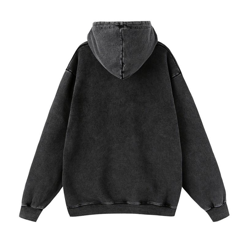Mens Oversized Washed Distressed Wolf Print Hoodie Streetwear Hip Hop Casual Long Sleeve Cotton Sweatshirt