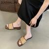 Fashion SUOJIALUN Summer New Brand Women Slipper Fashion Square Toe Open Toe Slip On Slides Soft Flat Heel Ladies Vaction Outdoor Shoes