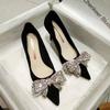 Черные остроконечные туфли на высоком каблуке 2024 года, новые носки-бабочки с бантом, темперамент для ношения тонких одинарных туфель на открытом воздухе Zapatos Mujer