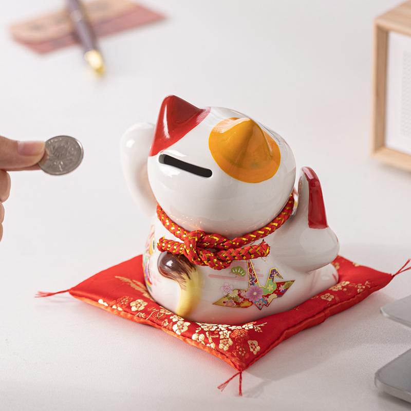 5,2-дюймовая керамическая копилка Maneki Neko, цветок, украшение для счастливого кота, украшение для рабочего стола, центральный элемент, фигурка кота-копилки