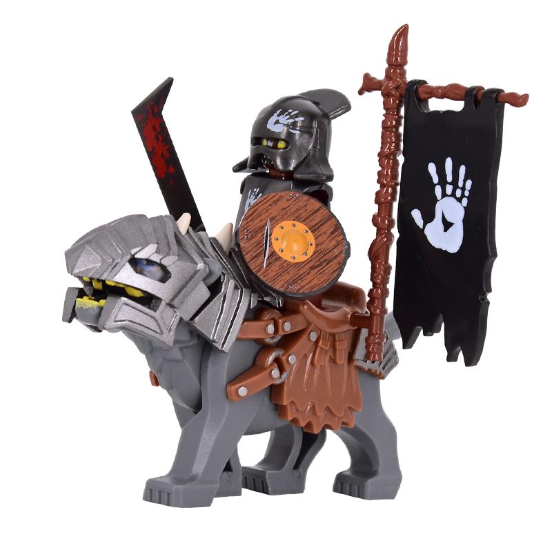 1PCS Medieval Lotr Figures Orc Cav BanV Soldiers Brown Wolf Rider Mount Knights Building Blocks Bricks Toys for Children Gifts